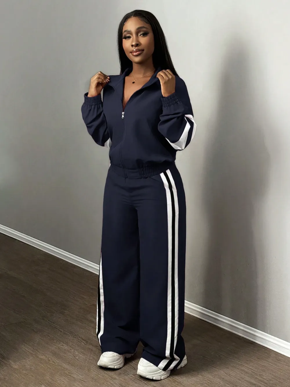 Women'S Zipper Jacket & Striped Wide-Leg Pants Set, Streetwear & Casual, Two-Piece Suit For Daily Wear