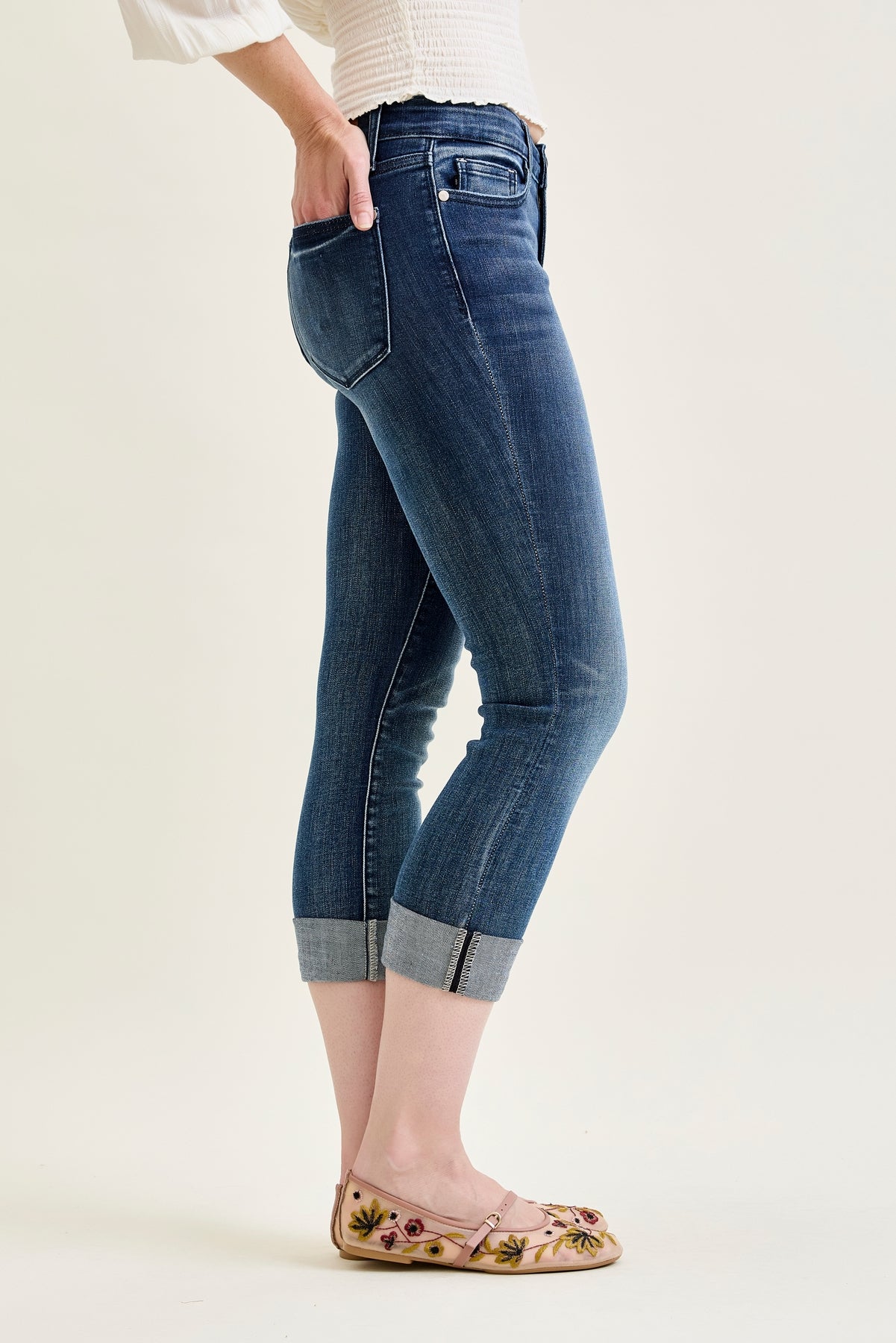 Maddy Mid Rise Dark Wash Cuffed Capri Jeans