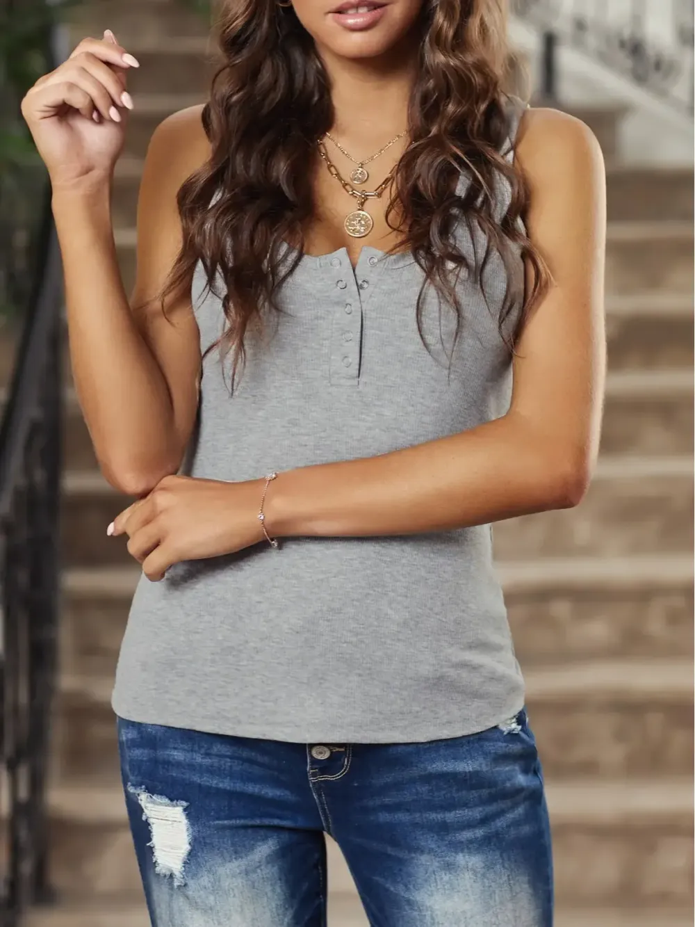 Women's Summer Vest Ribbed Tank Tops Crew Neck Button Down Sleeveless Tunic Blouse