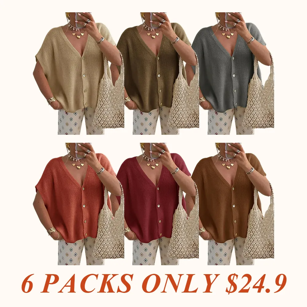 Womens Fall Oversized Cardigans Batwing Short Sleeve Lightweight Button V Neck Casual Knit Sweater Tops