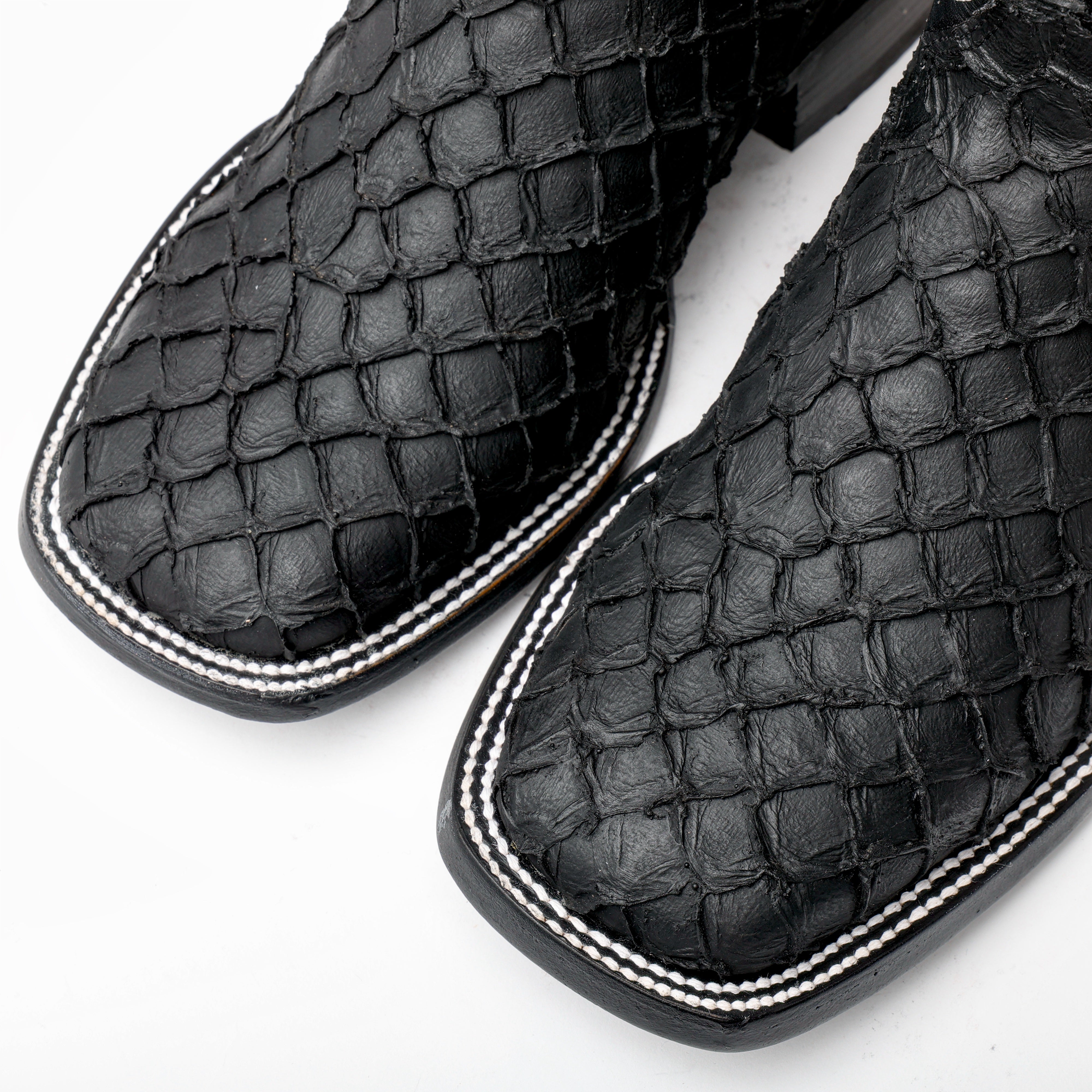 Matte Black Mini Pirarucu Leather Boots - Square Toe