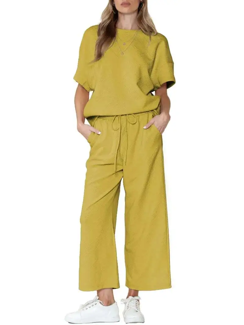 ⏰Women's Textured Loose Fit T Shirt and Drawstring Pants Casual Set