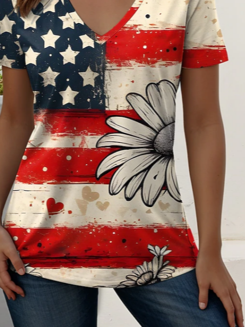 Women's Short Sleeve T-shirt Summer As Picture Star Printing V Neck Holiday Going Out Vintage Top
