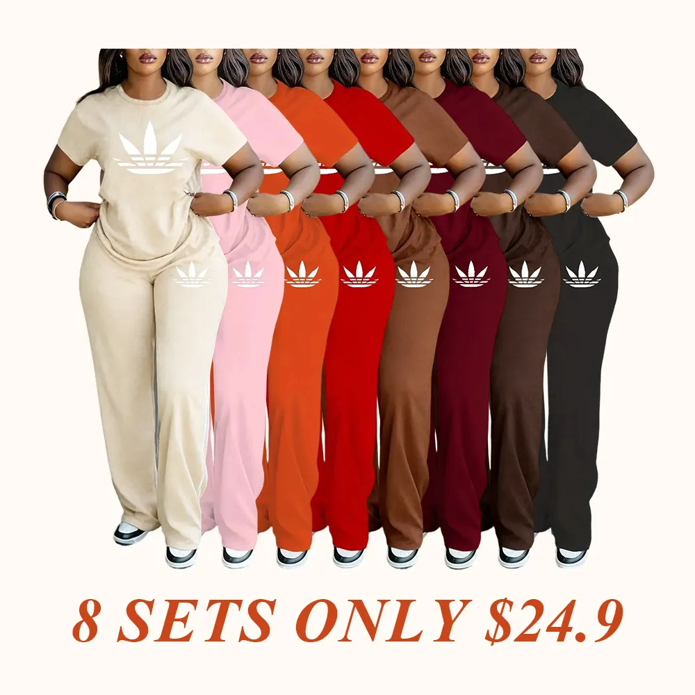 Women's Plus Size Spring Summer Fashion Print Round Neck Short Sleeve T-Shirt & Wide Leg Pants Two-Piece Set