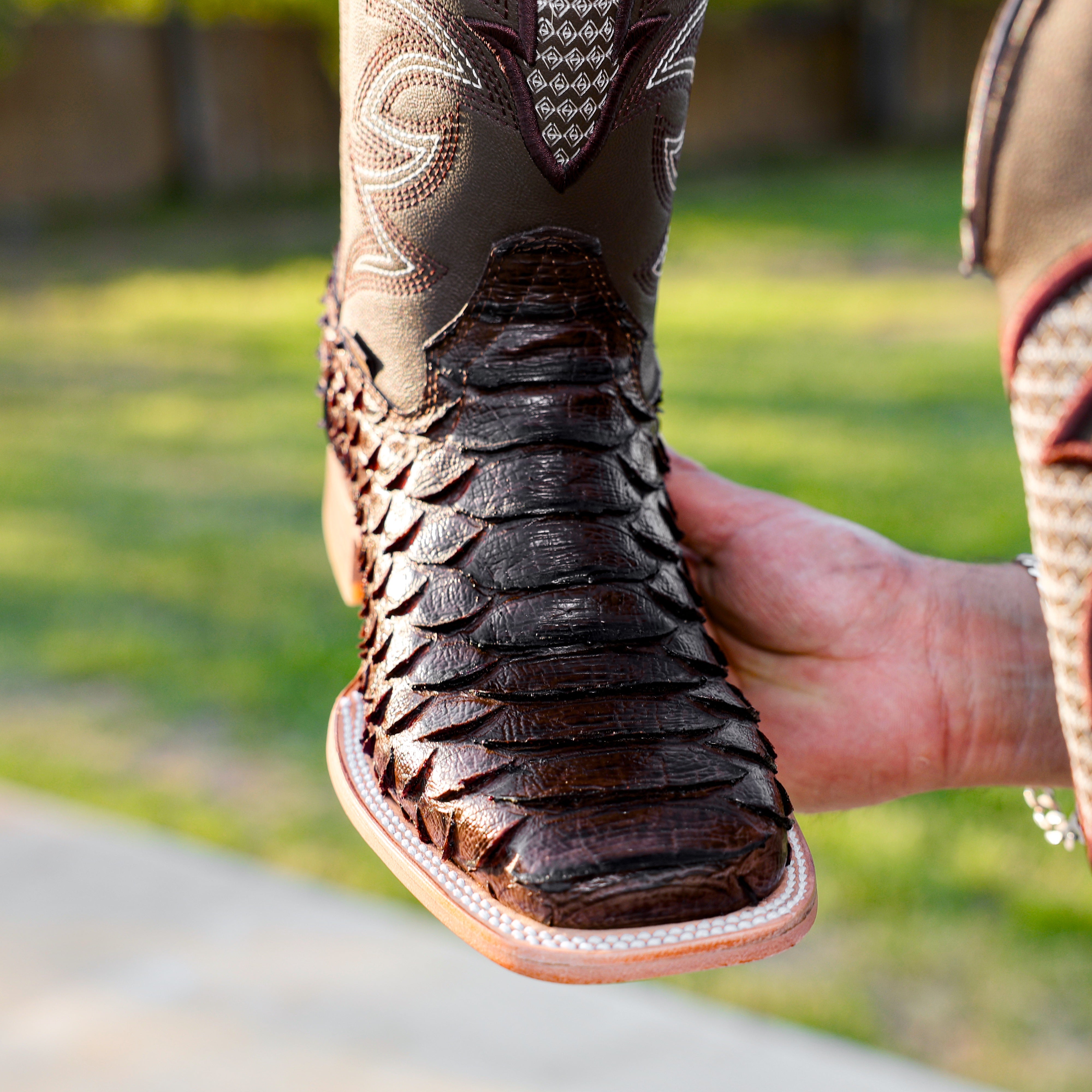 Brown Python Leather Boots - Square Toe