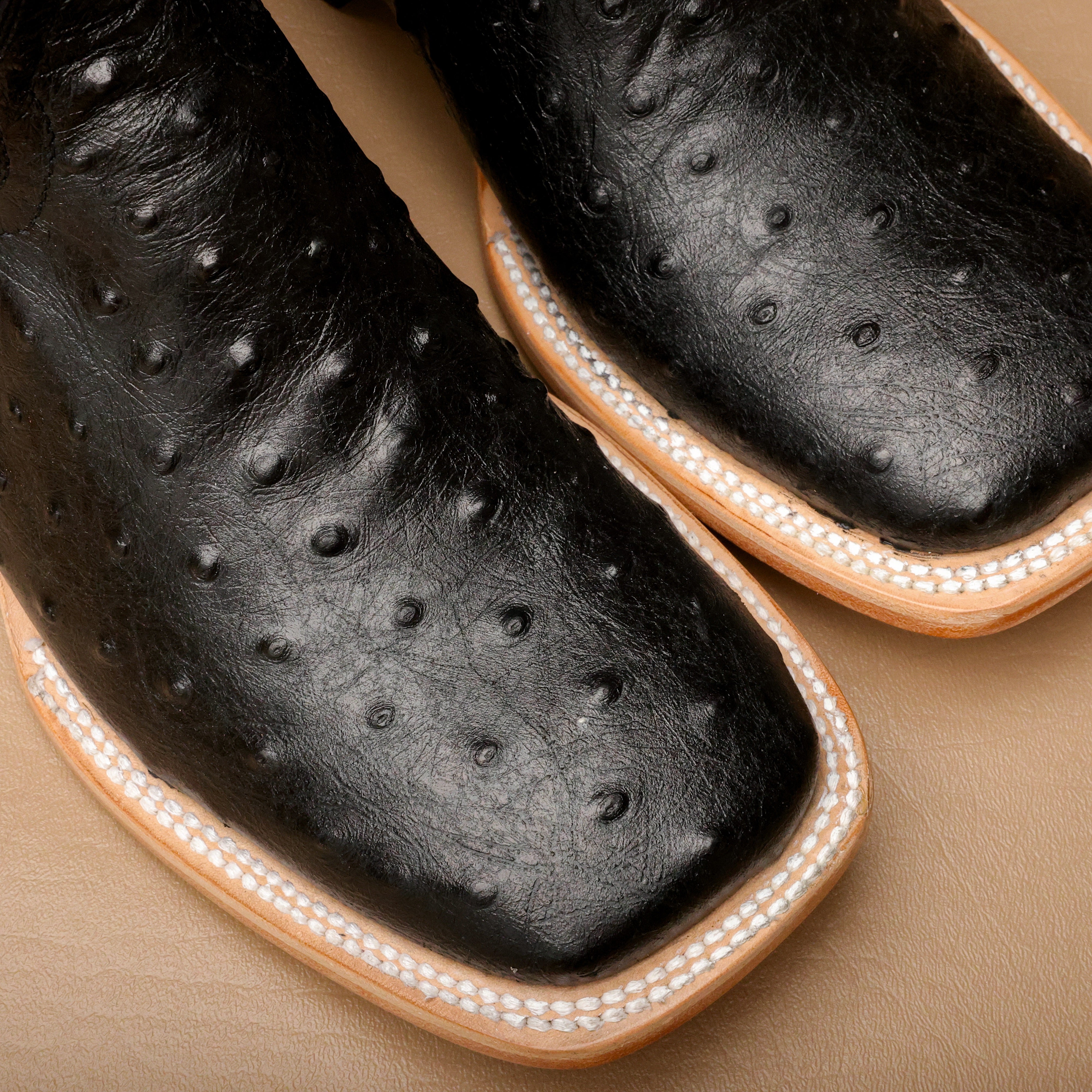 Black Ostrich Leather Boots - Square Toe