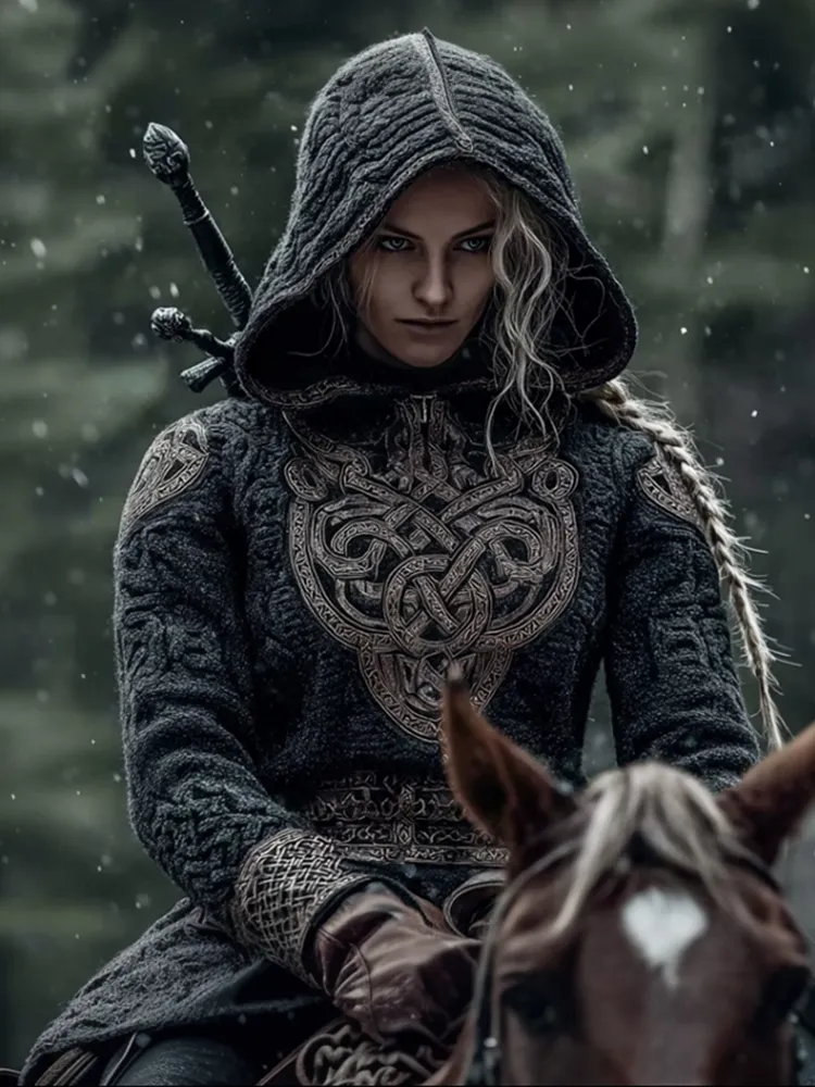 Viking Style Celtic Knot Thick Needle Design Hooded Sweater