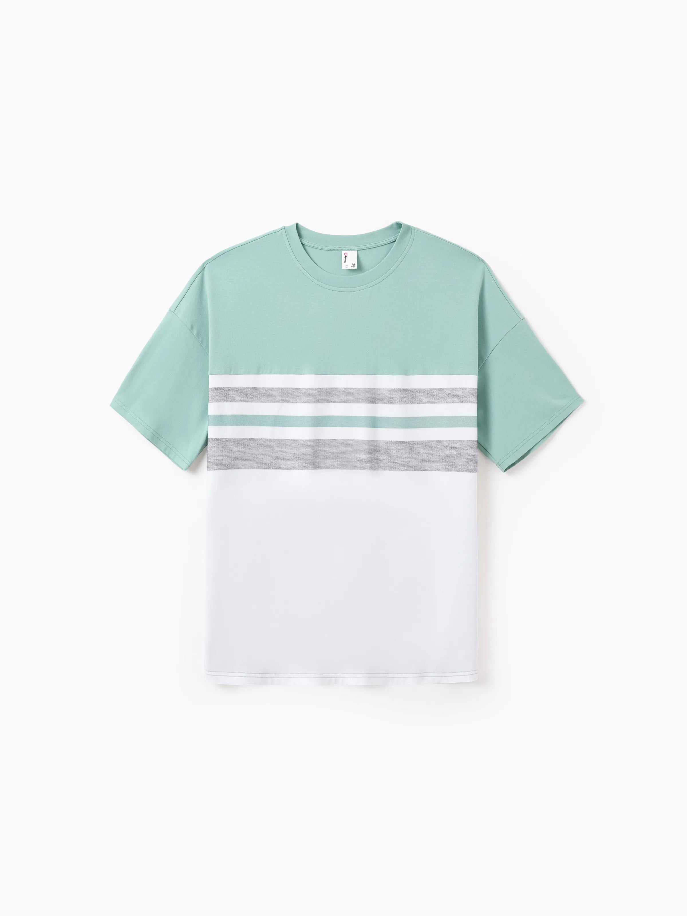 Family Matching T-Shirt & Dress Set Polka Dot Puff-sleeve Dress for Mom, Daughter & Baby, Color Block Cotton Tee for Dad & Son, Perfect for Family Outings & Photos Light Green