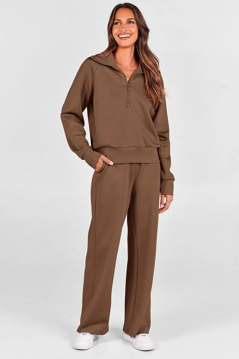 🔥Final Day Clearance!🛒Women's 2 Piece Outfits Casual Lapel Half Zip Sweatshirts And Wide Leg Pants Tracksuit Sets