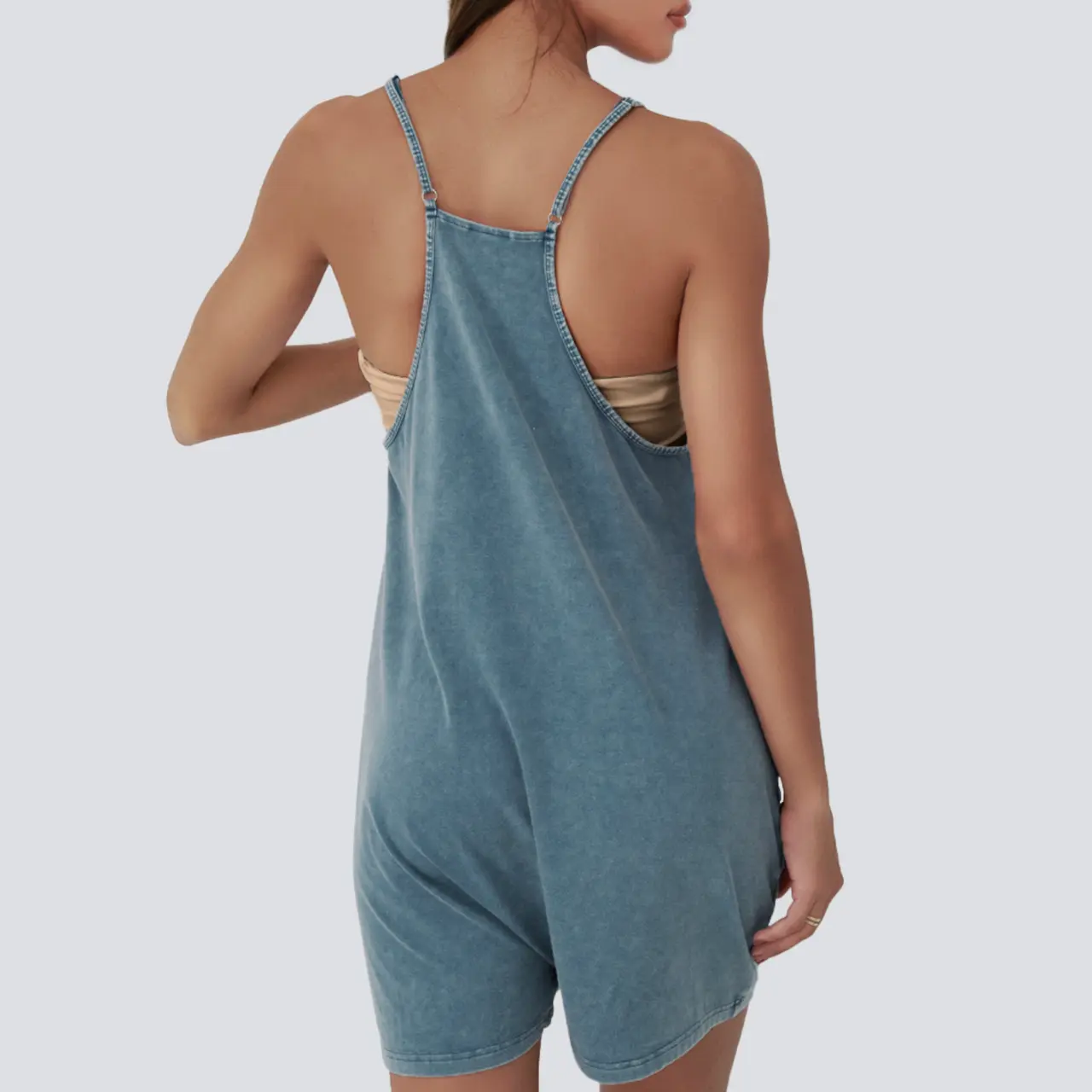 Loose Romper- Vintage Acid Wash Womens Sleeveless Casual Summer Spaghetti Strap Overalls Shorts Jumpsuit with Pockets