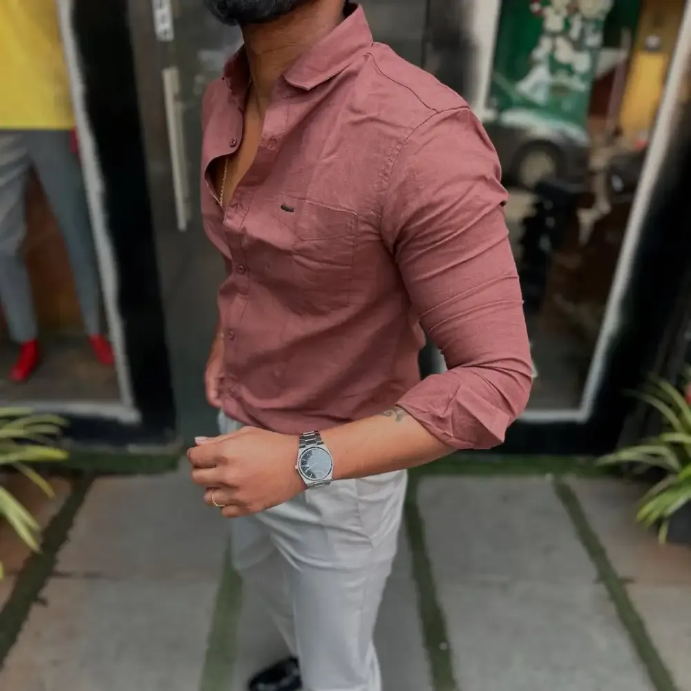 Men'S Solid Color Cotton And Linen Casual Shirt