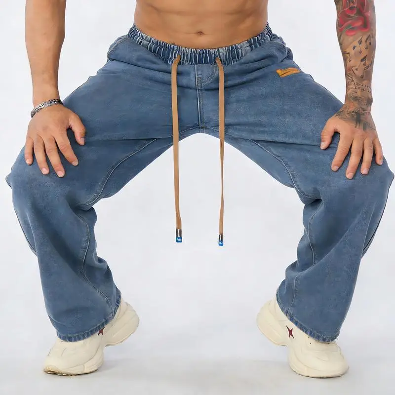 Men's straight leg jeans, casual drawstring elastic waistband