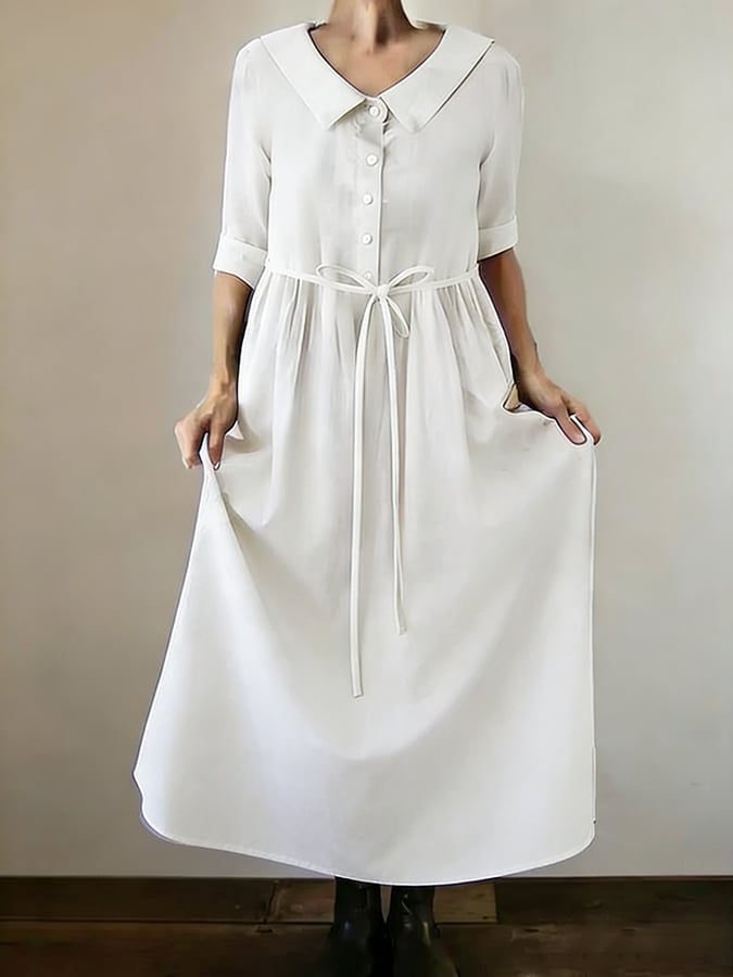Women's Retro Solid Color Design Lace-Up Pocket Casual Dress- Fast Shipping
