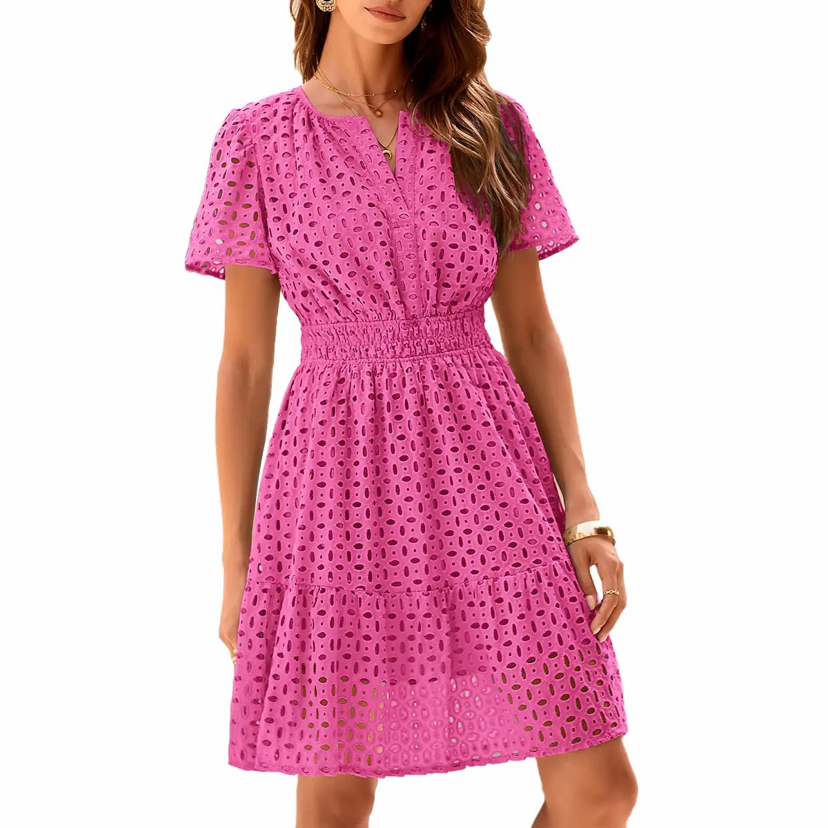 Women’s Eyelet Lace A-Line Summer Dress – V-Neck Ruffle Casual Mini Dress