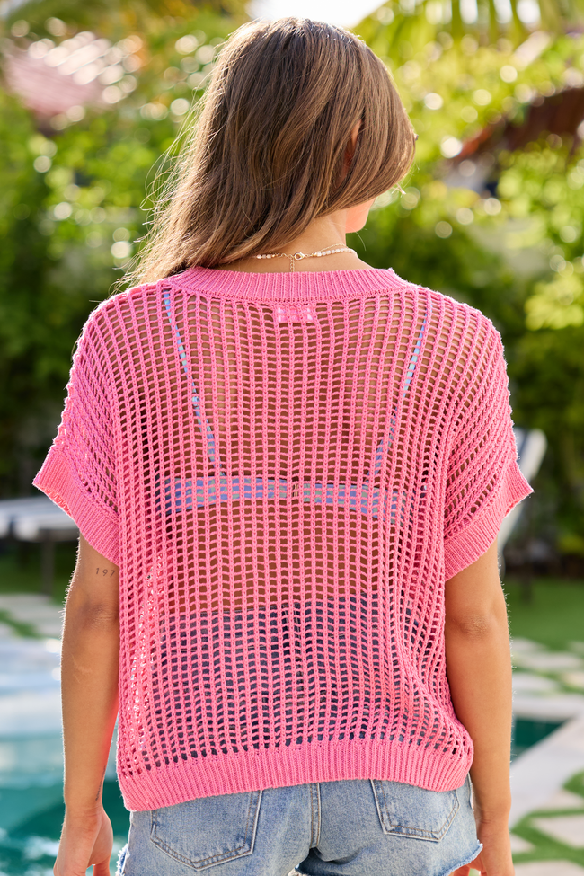 Wave Of Relief Pink Short Sleeve Open Knit Cover Up Sweater