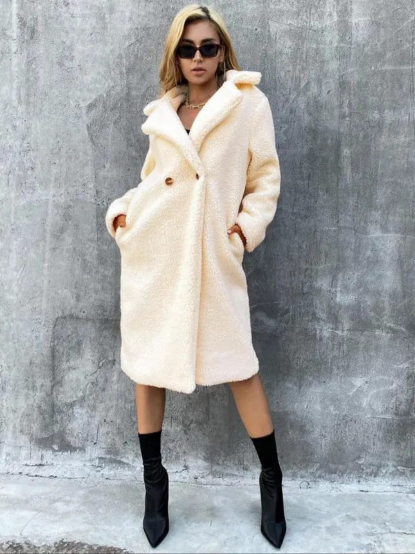 Women Faux Fur Pocket Button Lapel Coat