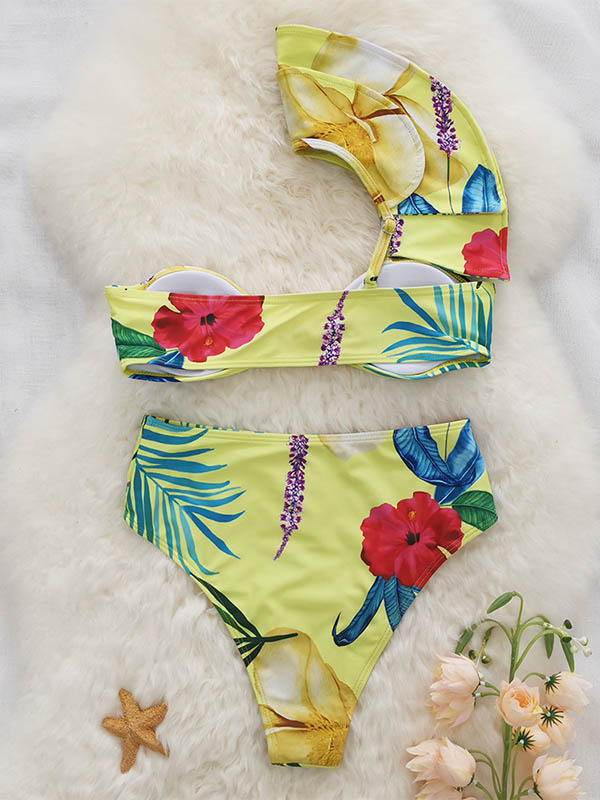 One-Shoulder Falbala High-Waisted Bikini Swimwear