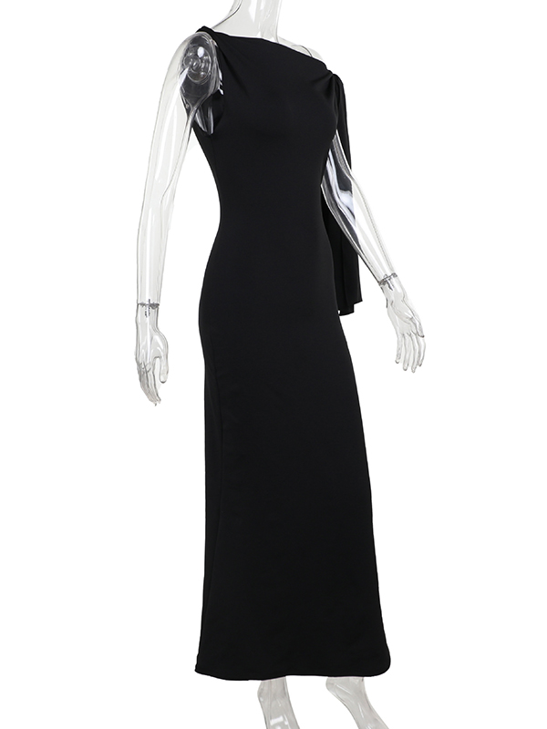 Asymmetric Solid Color Split-Joint Streamer Skinny Sleeveless One-shoulder Maxi Dresses Evening Dresses