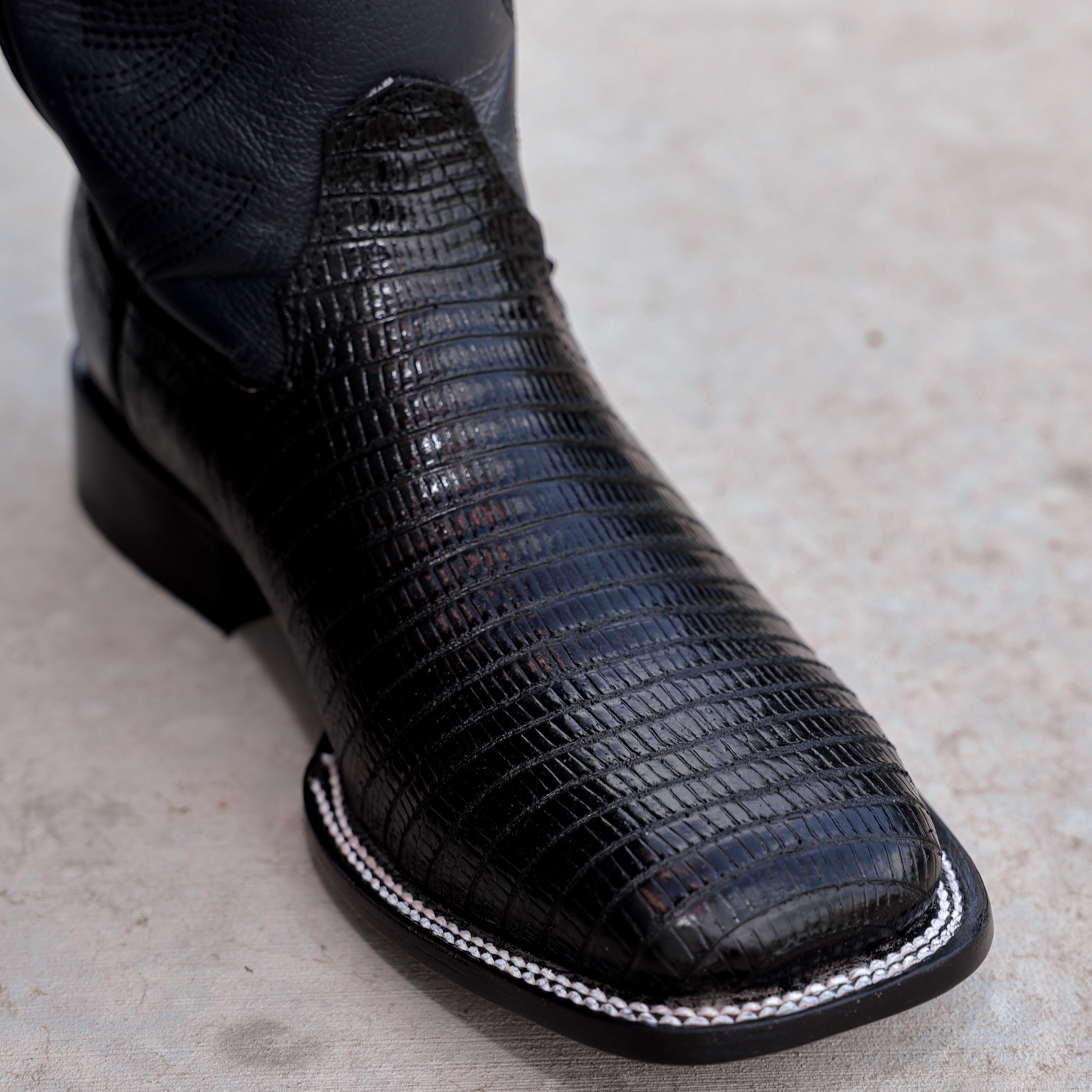 Black Lizard Leather Boots - Square Toe