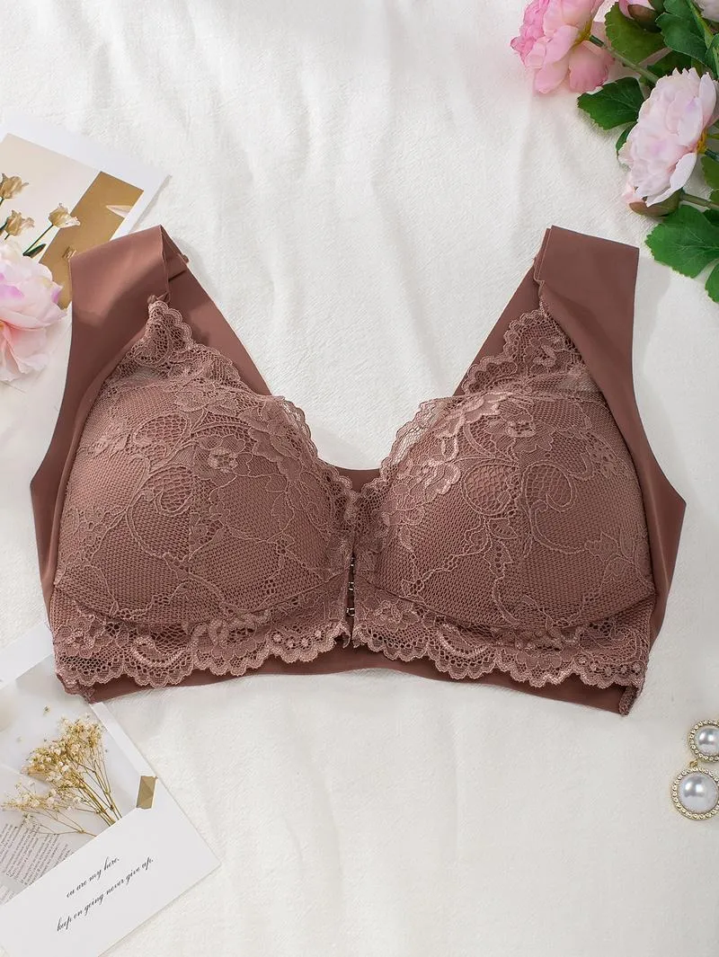 Women's Contrast Lace Hook & Eye Front PushUp Bra