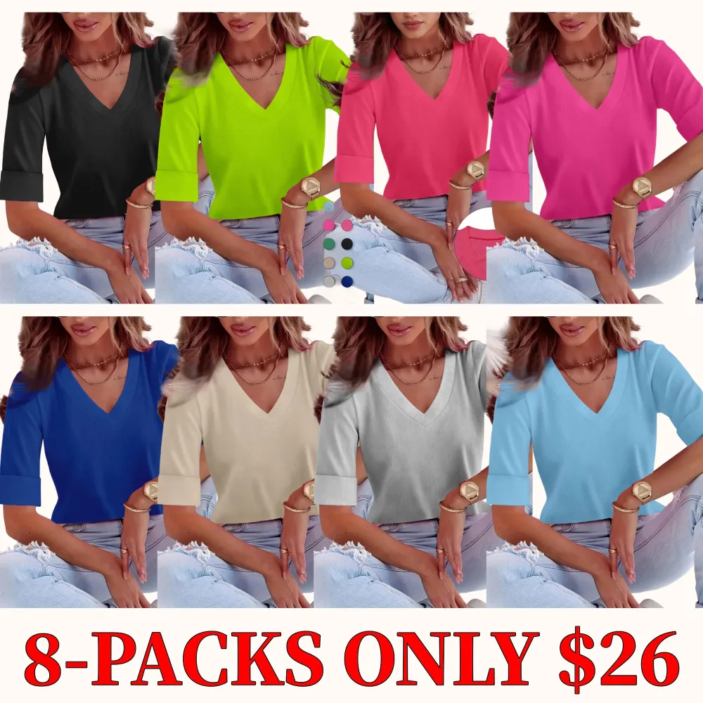 Plus Size Solid V Neck Roll Up Sleeve Tee, Casual T-shirt , Women's Plus Clothing for Daily Wear, Cute Tops, Quality and Durability