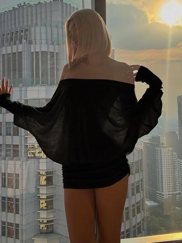 Women's Solid Off The Shoulder Sheer Ruched Dress