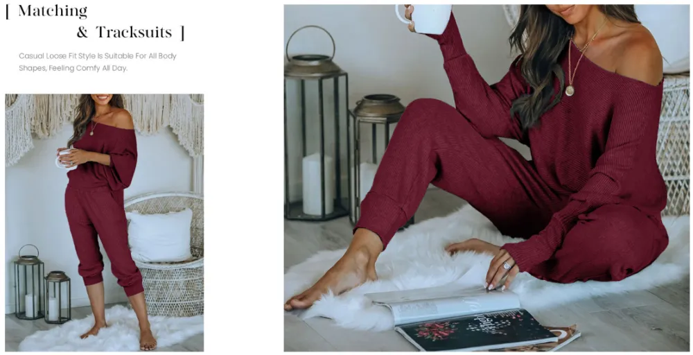 Women's 2-Piece Set Ribbed Knit Off Shoulder Tops Lounge Pants Tracksuit