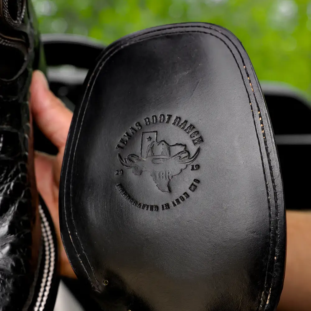 Black Caiman Neck Leather Boots - Square Toe