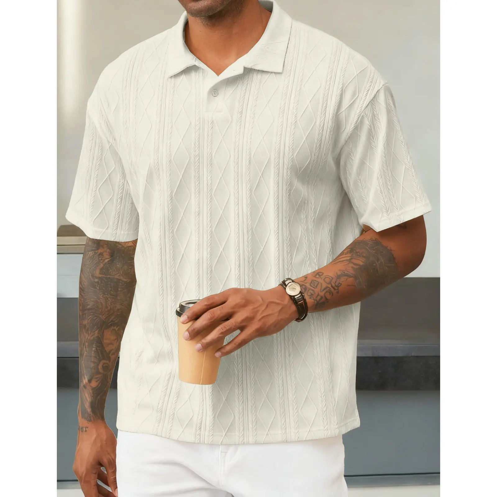 Men Casual Polo Shirt Short Sleeve Textured Beach Button Knit Stretchy Classic Shirts