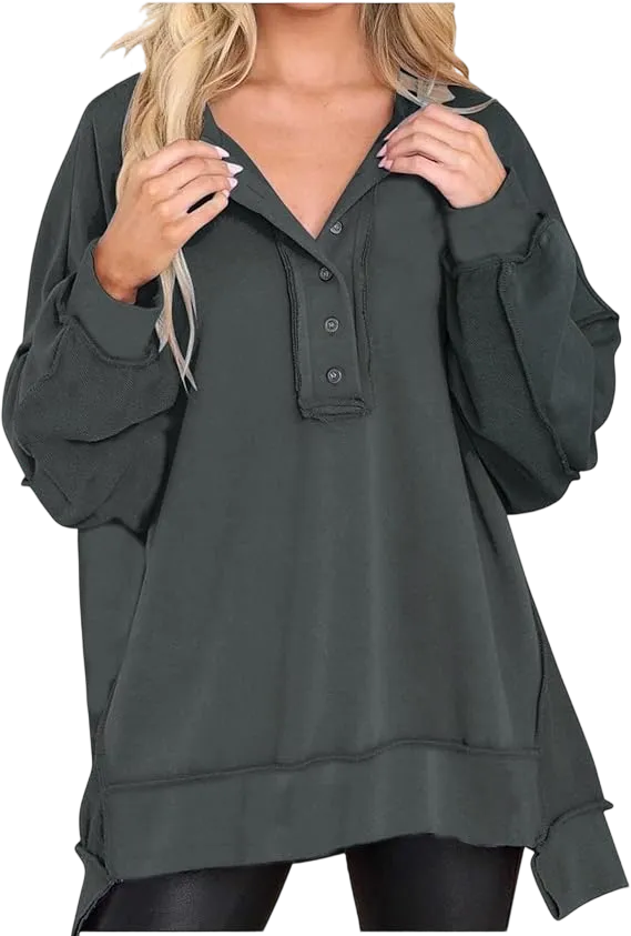 Women's loose-fitting casual long-sleeved button-up pullover shirt