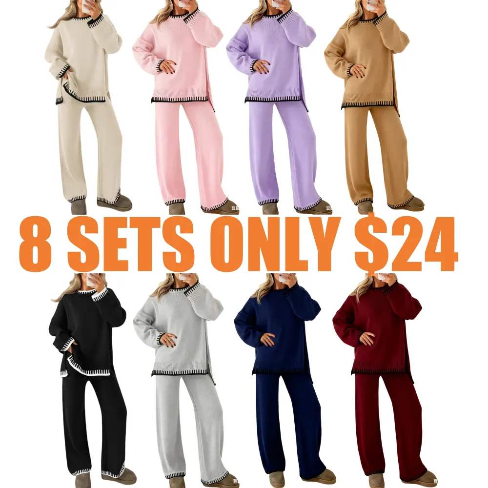 Women's Round Neck Colorblock Sweater Top and Long Sweatpants Set