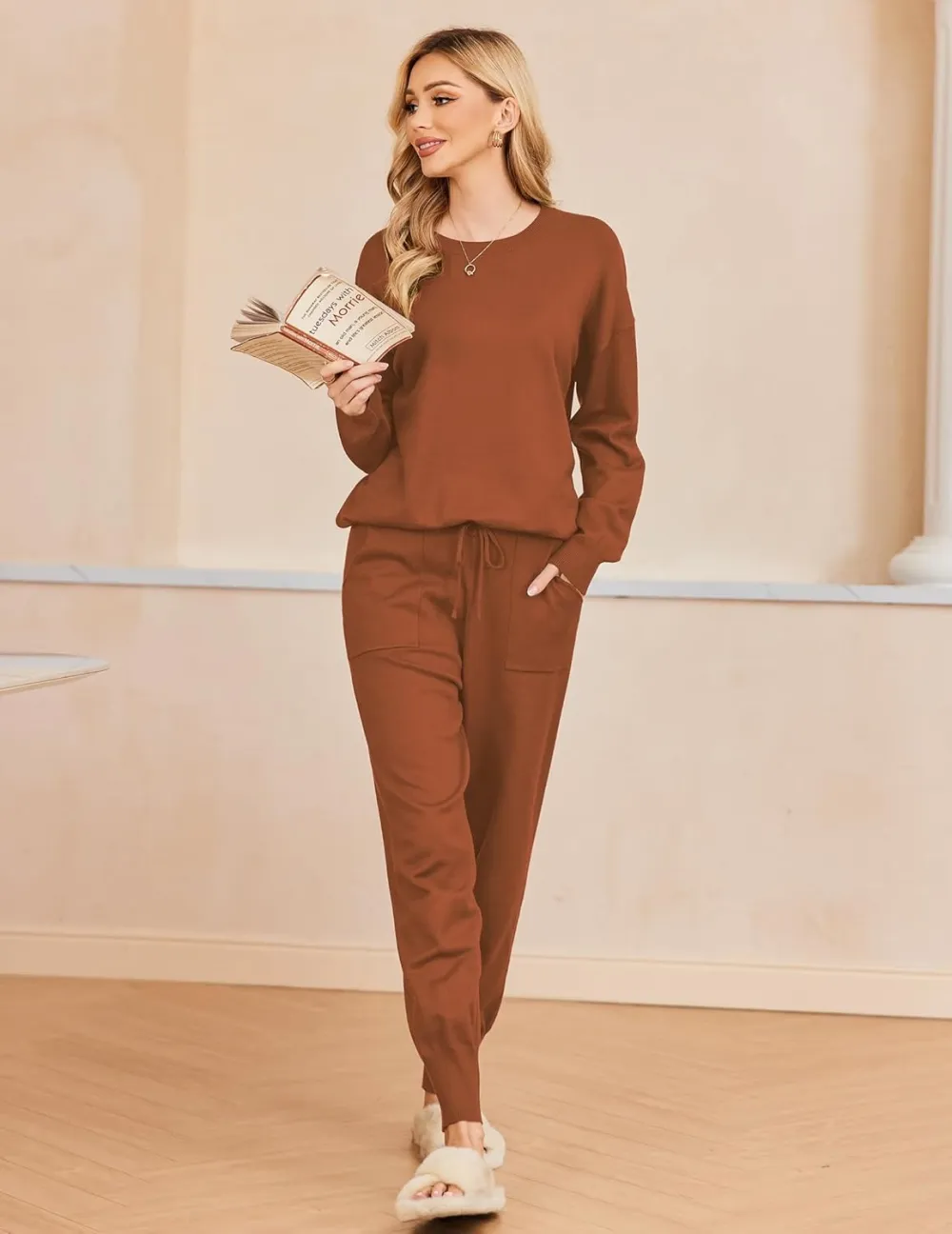 Women's Long Sleeve Knit Loungewear Set Jogger Pants Outfit