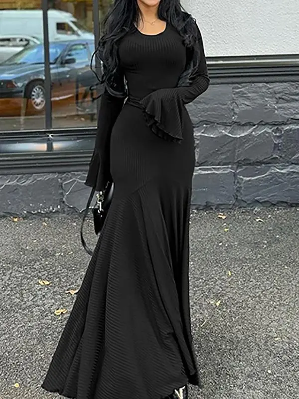 Women's Plain Lace Up Flounce Sleeve Dress