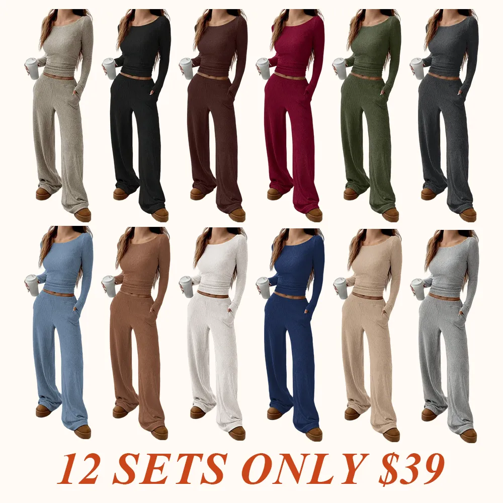 Women's Casual Striped Long Sleeve Top & Loose Pocket Pants Set