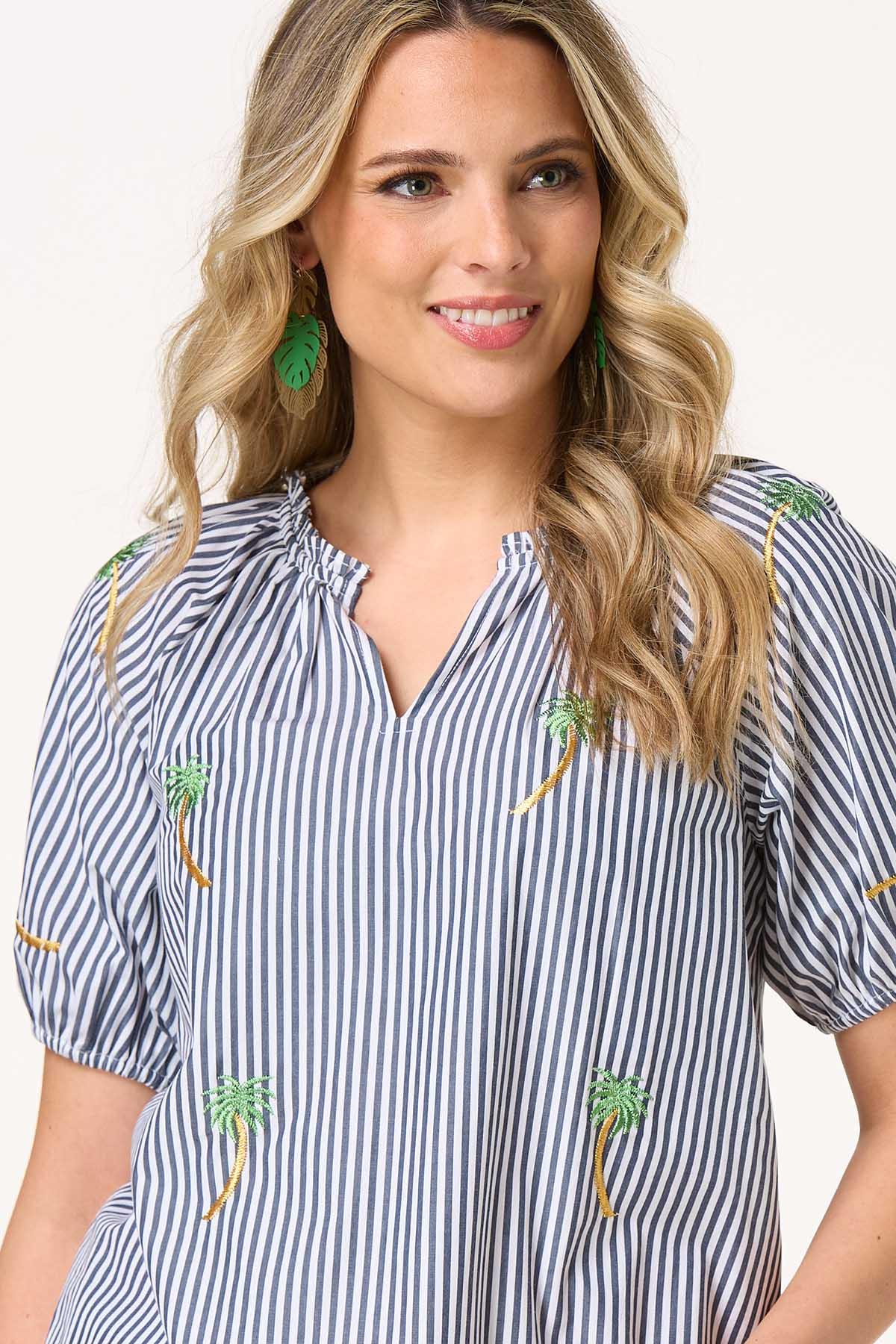 Stripe Embroidered Palm Tree Top