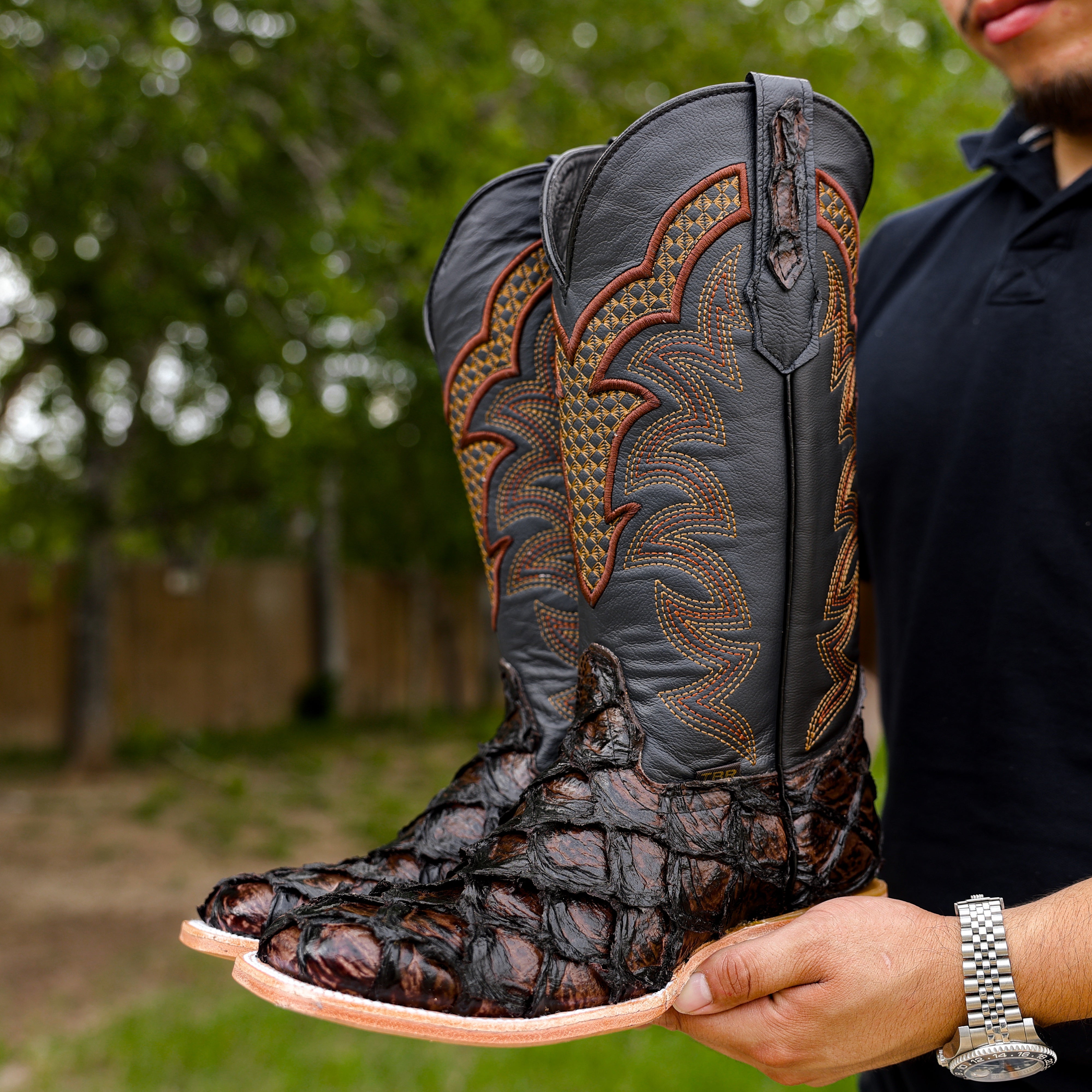 Brown Jumbo Pirarucu Leather Boots - Square Toe