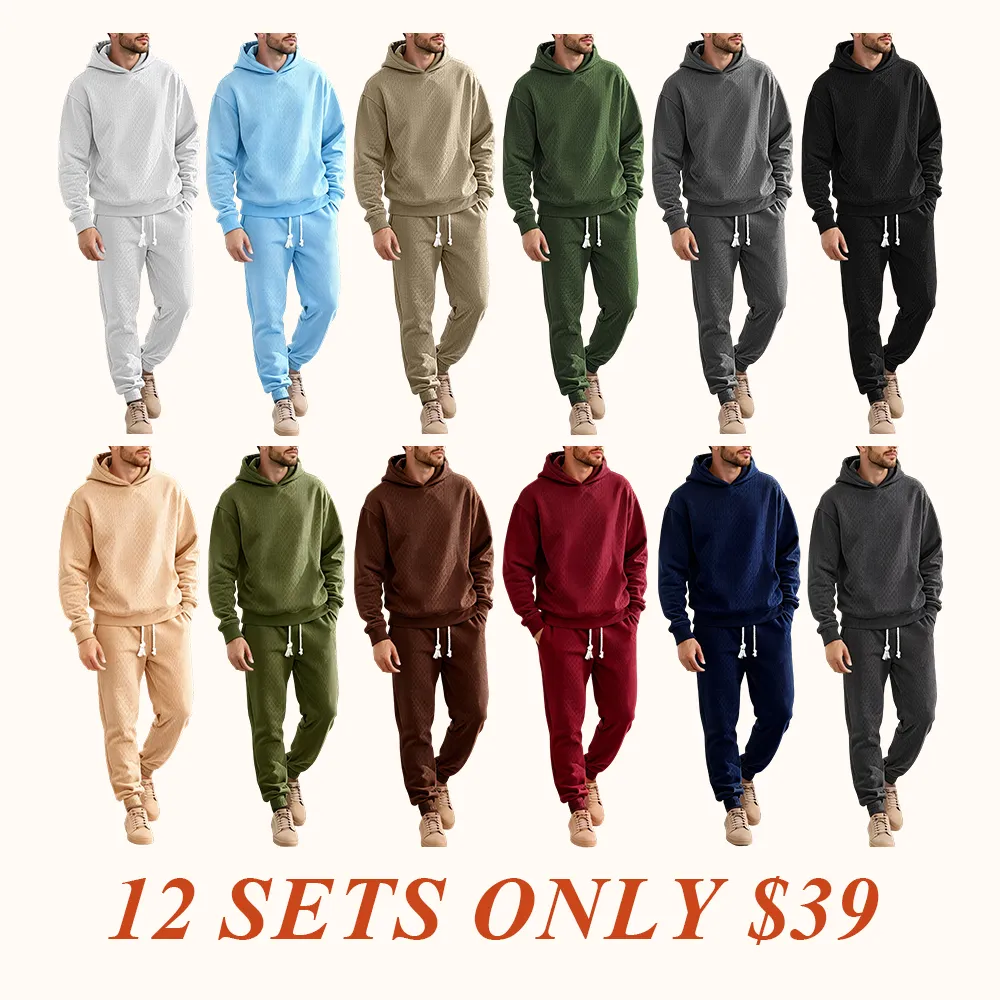 Two-piece men's solid color hooded sweatshirt and drawstring pants set