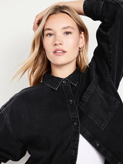 Boyfriend-style button-down denim shirt