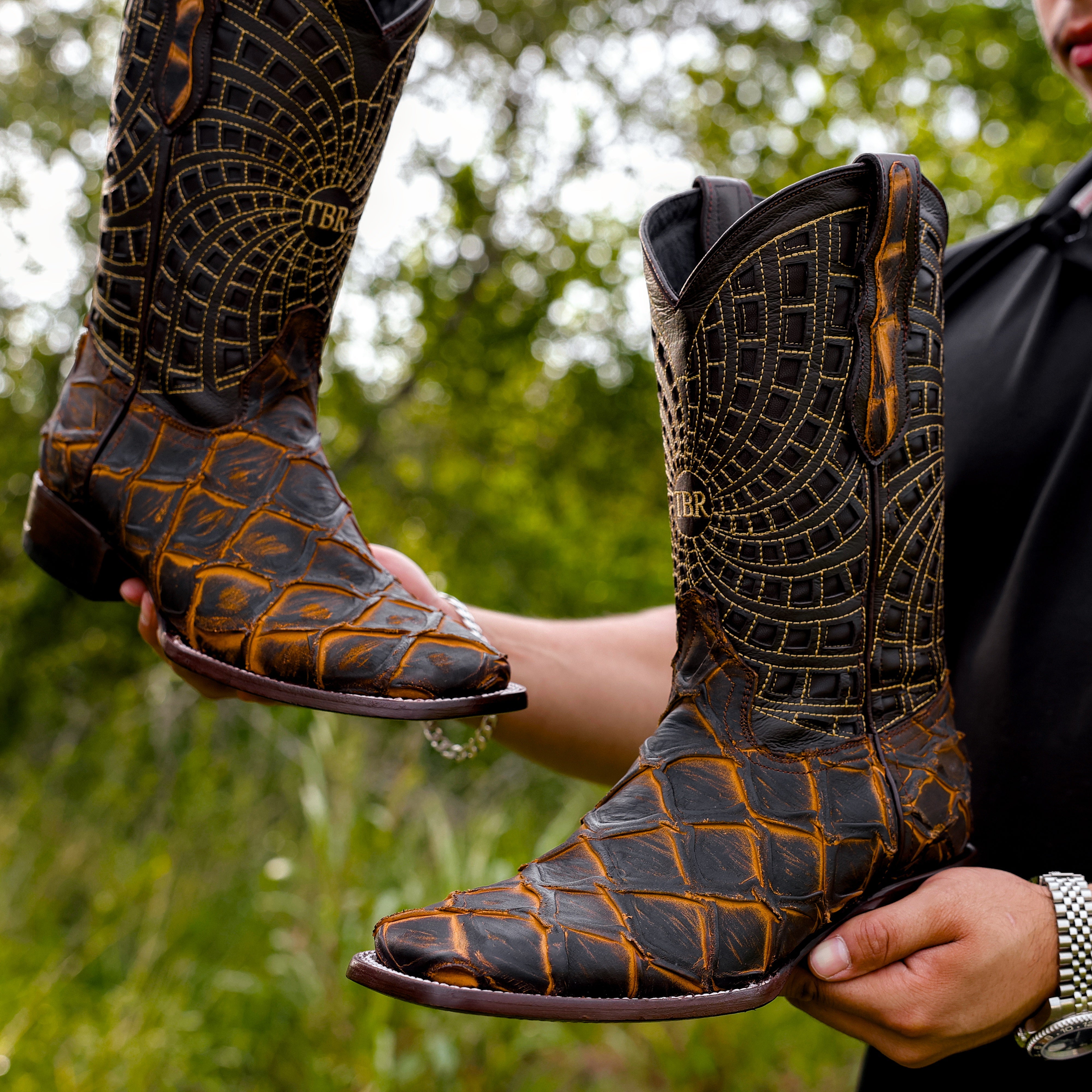 Matte Rustic Black/Honey Pirarucu Leather Boots - Square Toe