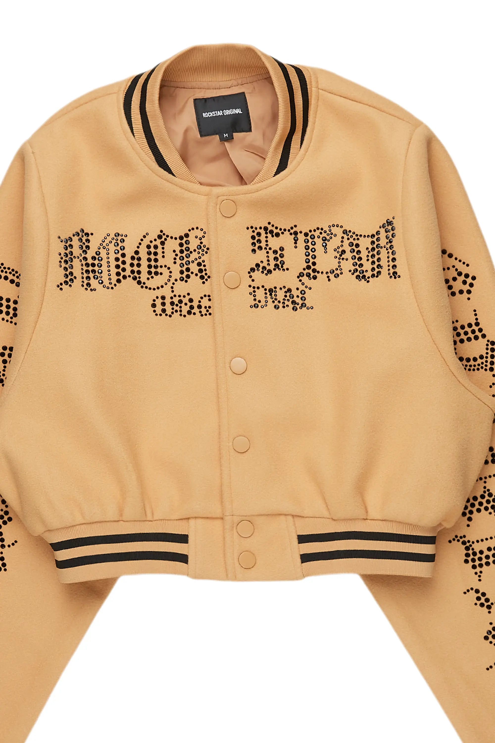 Gianni Tan Crop Rhinestone Varsity Jacket