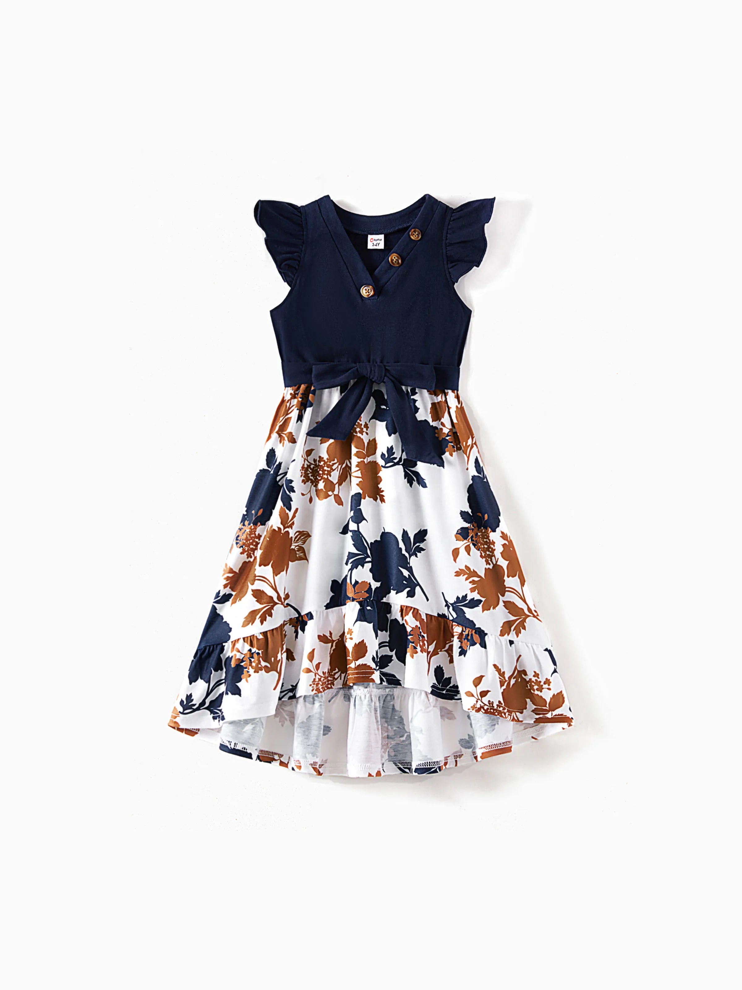 Mommy and Me Family Matching Casual Dress or T-Shirt, Solid Color, Fabric Stitching royalblue