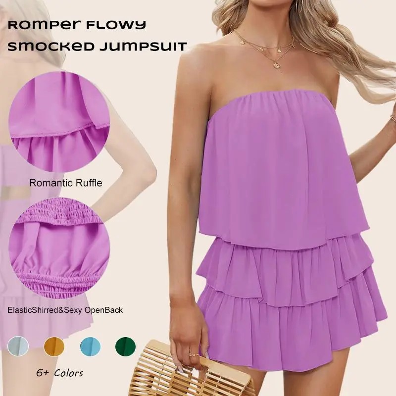 Women’s Off-Shoulder Smocked Romper – Flowy Strapless Summer Playsuit