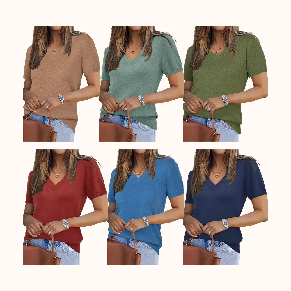 Womens Wool Blend Sweater Soft V Neck Short Sleeve Spring Fashion Pullover Tops