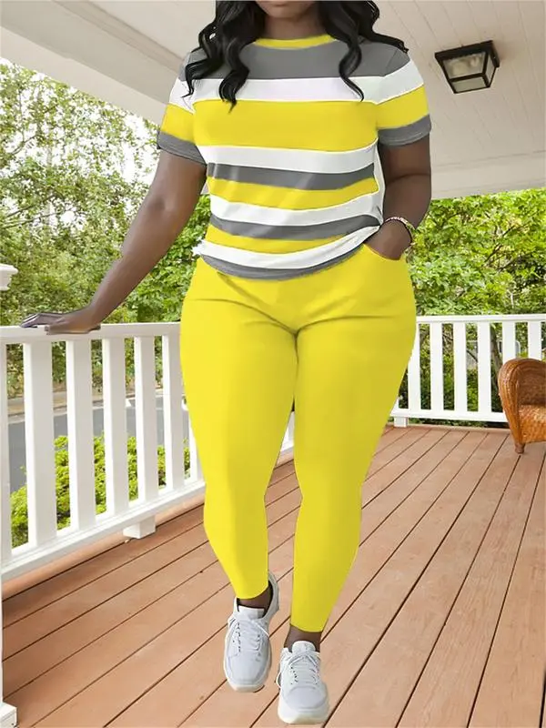 Women's Plus Size Striped Print Short Sleeve Top & Pants Two-piece Set
