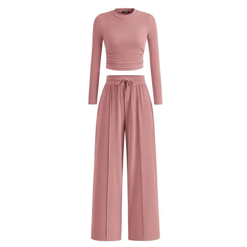 Two-piece ribbed knit long-sleeved cropped top and wide-leg pants