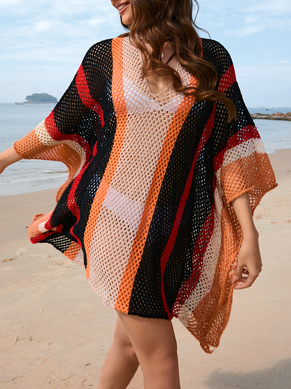 Hollow Striped Sun Protection Batwing Sleeves Loose V-Neck Beach Cover-Up