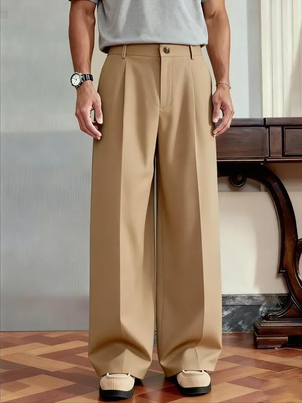 Men's Casual Versatile Solid Color Wide Leg Pants, Unique Button Design, Fitted Style