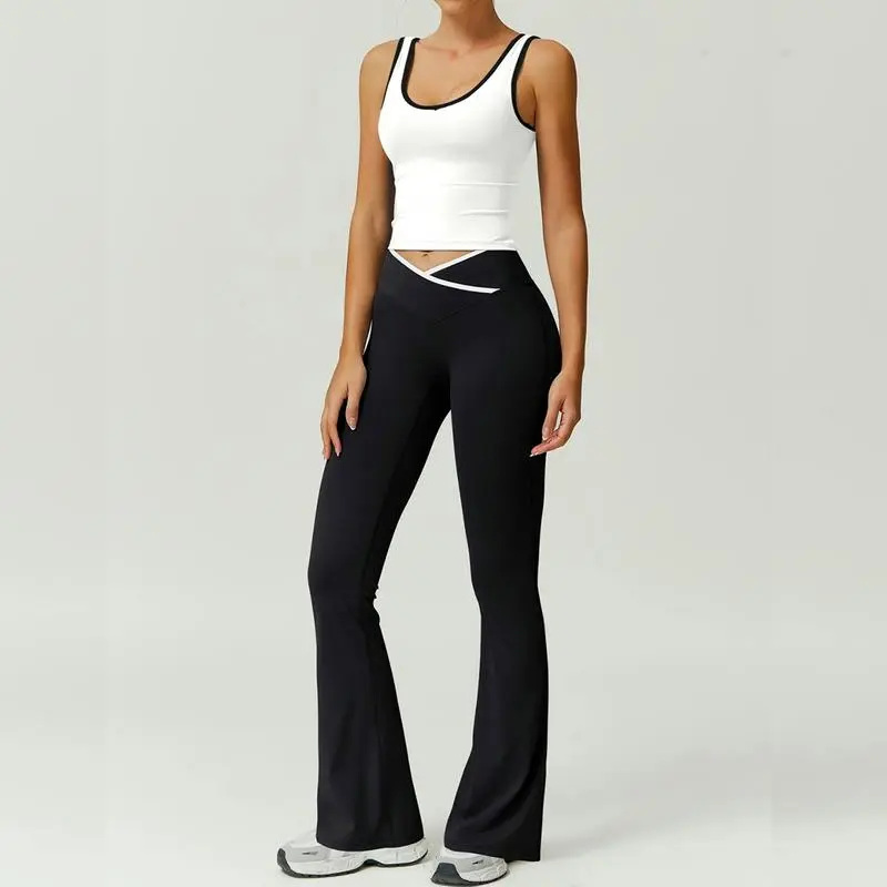 Womens Colorblock Tank Top & Flare Leg Pants Tracksuit Set