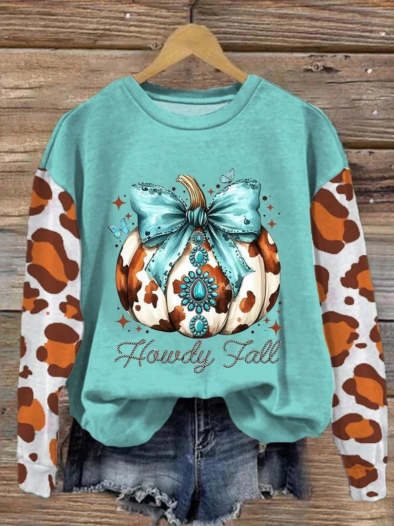 Women's Retro Western Pumpkin Print Sweatshirt