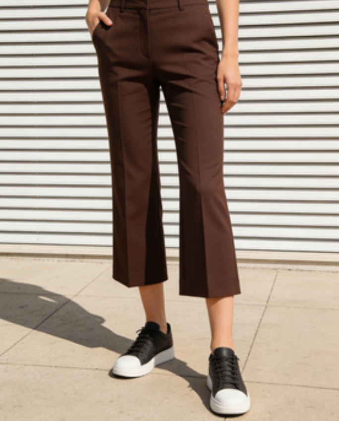 Slim-Fit Chocolate Cropped Wide-Leg Pants